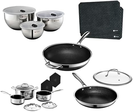 HexClad Hybrid Nonstick 16-Piece Cookware Set, 3-Piece Mixing Bowl Set, 12" Pan with Lid, 12" Wok, 2-Piece Dish Drying Mat Set, 2, 3, and 8Qt Pots with Lids, and 2 Silicone Trivets, Stay-Cool Handles