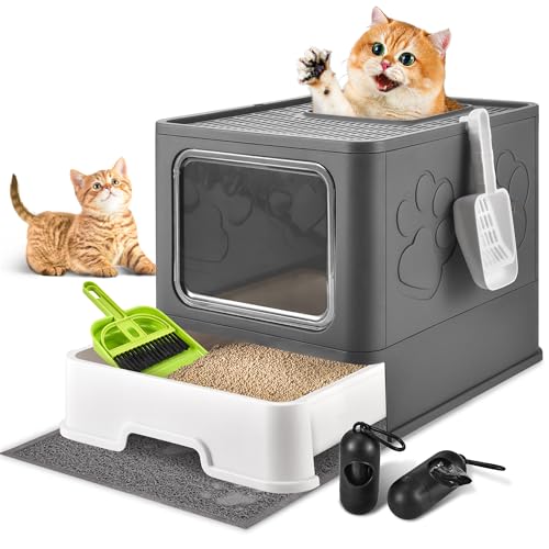 Cat Litter Box with Litter Mat, Foldable Extra Large Free in and OutOne-Way with Lid, Drawer Type Enclosed Kitty Litter Box,Odor Control Anti-Splashing Easy Cleaning Dark Grey