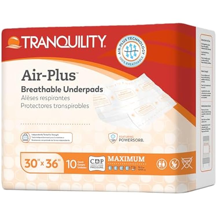 Tranquility AIR-Plus Breathable Underpads, 30x36, Incontinence Pads with Ultimate Air Circulation, PowerSorb Design to Lock-in Fluids, Ideal for Low-Air-Loss Bed Systems, 10ct Bag