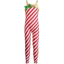Kids Girls Xmas Candy Cane Jumpsuit Unitard Shiny Bowknot Striped Bodysuit Ballet Dance Leotard Biketard