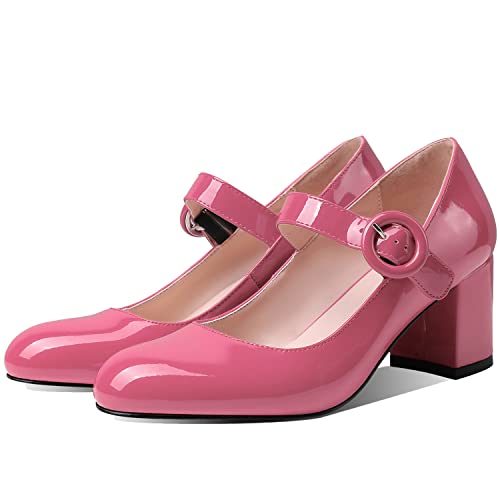 MOOMMO Women Classic Mary Jane Heels Pumps Shoes Ankle Strap Closed Round Toe Dress Sandals Chunky Block Heels Comfort Wedding Party Evening Pump Mid Heel Basic Office Work Shoes Elegant 4-11 M US