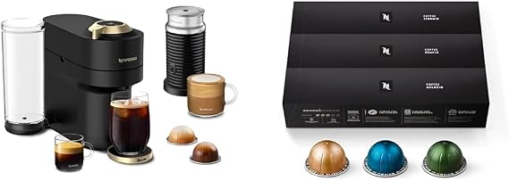 Nespresso Limited-Edition Vertuo Pop+ Deluxe Coffee and Espresso Maker by Breville with Milk Frother, Matte Black Gold Capsules, Vertuo Line