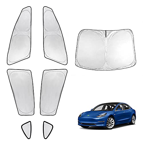 T TGBROS Windshield Sun Shade for Tesla Model 3 2018-2024 2025 Car Window Shades Thicken UV Block and Blackout Privacy Foldable Sunshades 7PCS Keep Cool Sun Visor Covers