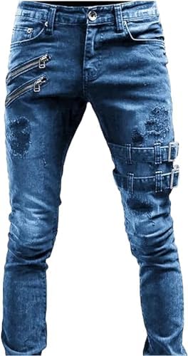 Maiyifu-GJ Mens Slim Fit Biker Jeans Distressed Straight Leg Moto Biker Jeans Ripped Punk Gothic Zipper Denim Pants