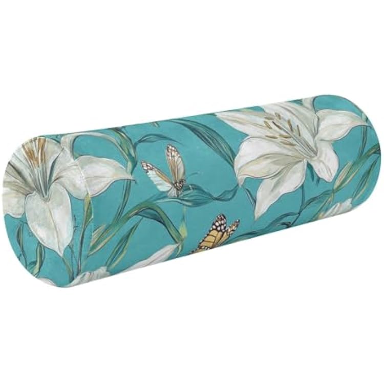 KLL Roll Pillow, Sweet Lily Turquoise Bedding Essentials Throw Pillows Memory Foam with Cover Lower Back Support for Yoga