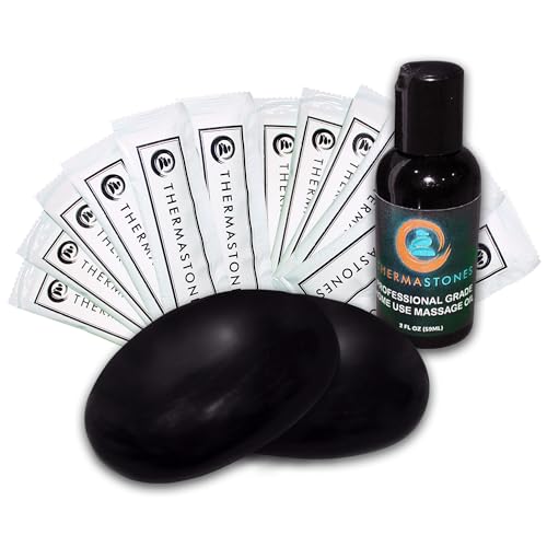 Thermastones Self-Heating Hot Stone Massage Kit, 2 Pack 2 Ceramic Stones, 12 Water-Activated Heat Packs & 2 oz Unscented Massage Oil Portable Spa Therapy for Muscle Relief & Couples