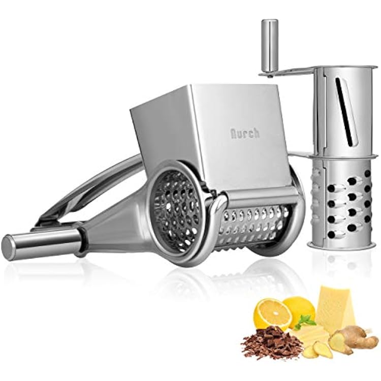 Rotary Cheese Grater, Stainless Steel Cheese Shredder Cutter with 3 Sharp Drums, Handheld Cheese Grater for Parmesan Chocolate, Nuts and Almonds