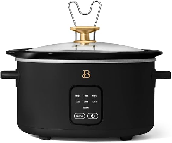 4-Quart Slow Cooker with Touch-Activated Display by Drew ~ Barrymore, Programmable Digital Controls, Removable Ceramic Pot, Keep Warm Setting, Modern Sleek Design (Black Sesame)
