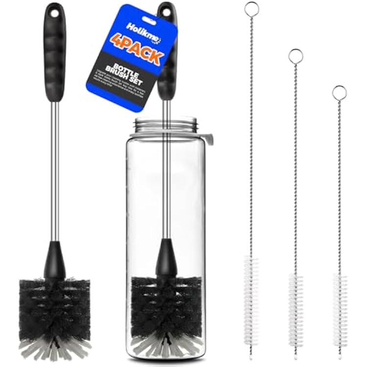 Holikme Bottle Brush Cleaner Set, 14 Long Handle Stainless Steel Bottle Cleaner Brush, 3 Straw Cleaner Brush, Bottle Cleaning Brush for Water Bottle, Cups, Abrasive Wheel Brushes, Straws Black