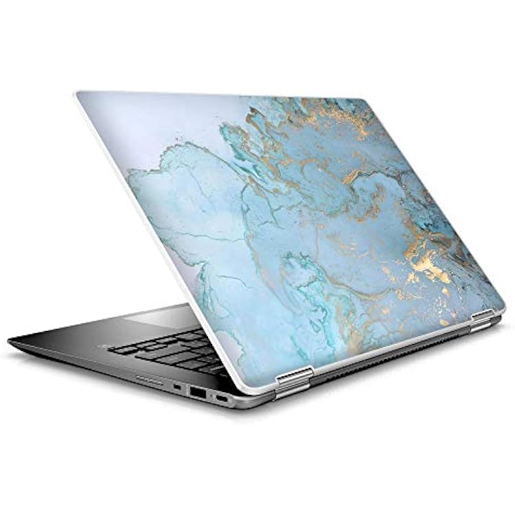 Laptop Notebook Skin Vinyl Sticker Cover Decal for 14 HP 2 in 1 Touchscreen Chromebook x360 - Teal Blue Goldish-Print White Marble Granite