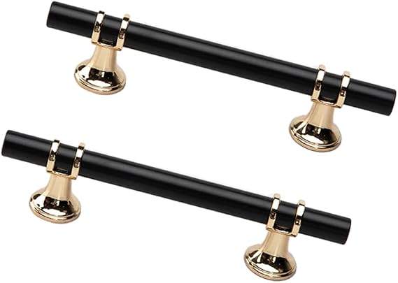 Dreneco 2 Pack Cupboard Handles Zinc Alloy Kitchen T Bar Handle Drawer Wardrobe Cabinet Furniture Door Pulls Knobs (96mm Hole centres, Black+Gold)  