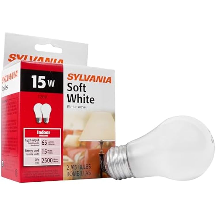 Sylvania Incandescent Appliance Light Bulb, 15W A15, Dimmable, Medium Base, 65 Lumens, Frosted, 2850K, Soft White - 2 Pack 10015