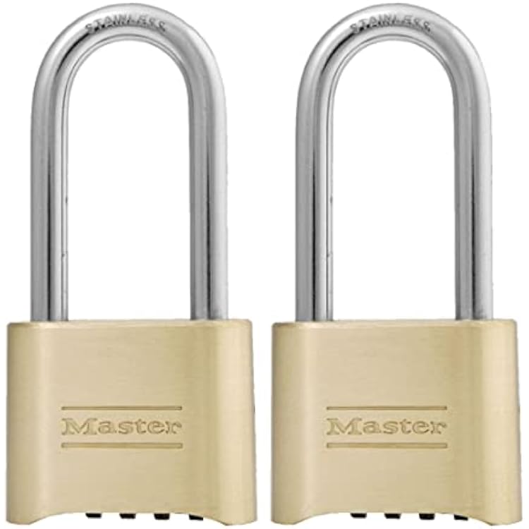 Master Lock Brass Combination Lock, Gate Lock for Outdoor Fence or Shed, Customizable Combination Padlock with Extended 2-14-Inch-Long Shackle, 2 Pack, 175LHEC2