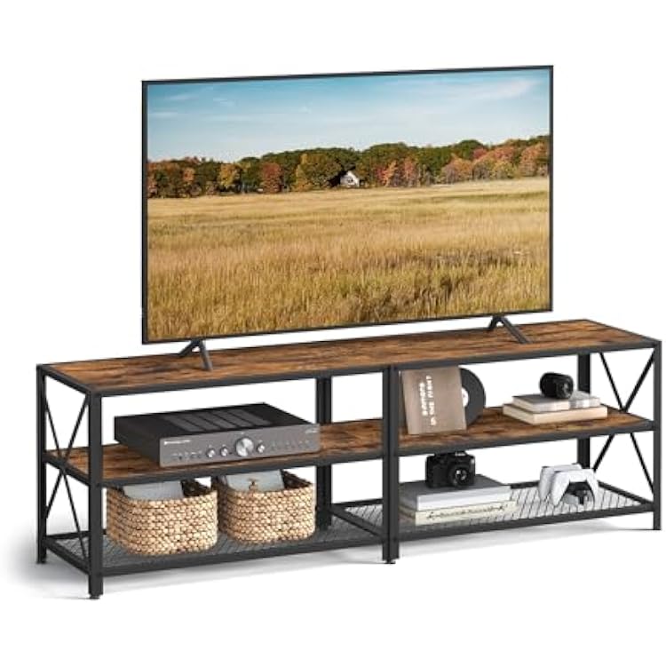 VASAGLE TV Stand for TV up to 70 Inches, TV Table, Entertainment Center, 3-Tier TV Console, Steel Frame, Industrial Style, for Living Room, Rustic Brown and Black ULTV095B01