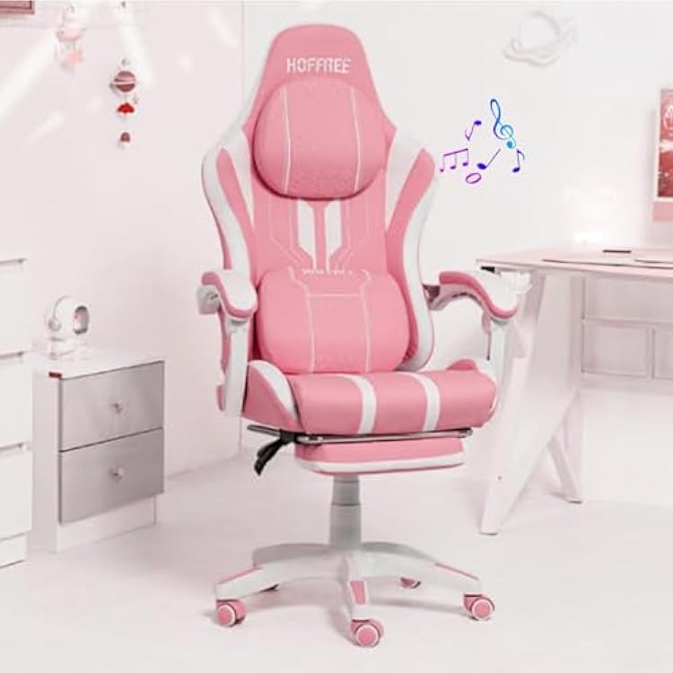 HOFFREE Gaming Chair with Speaker and Massage Big and Tall Gaming Chairs with Footerst and Bluetooth for Adults 400lbs for Heavy People Reclining High Back Computer Desk Chair Cute Pink and White