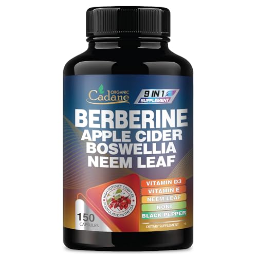 Organic Cadane Berberine Supplement 150 Capsules, with Neem Leaf, Apple Cider Vinegar, VIT D3, E & More - Berberine Extract - Support for Immune System, Digestion & Overall Health