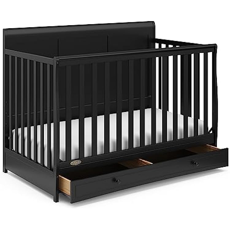 Graco Asheville 5-in-1 Convertible Crib with Drawer GREENGUARD Gold Certified, Crib with Drawer Combo, Full-Size Nursery Storage Drawer, Converts to Toddler Bed, Daybed -Size Bed Black