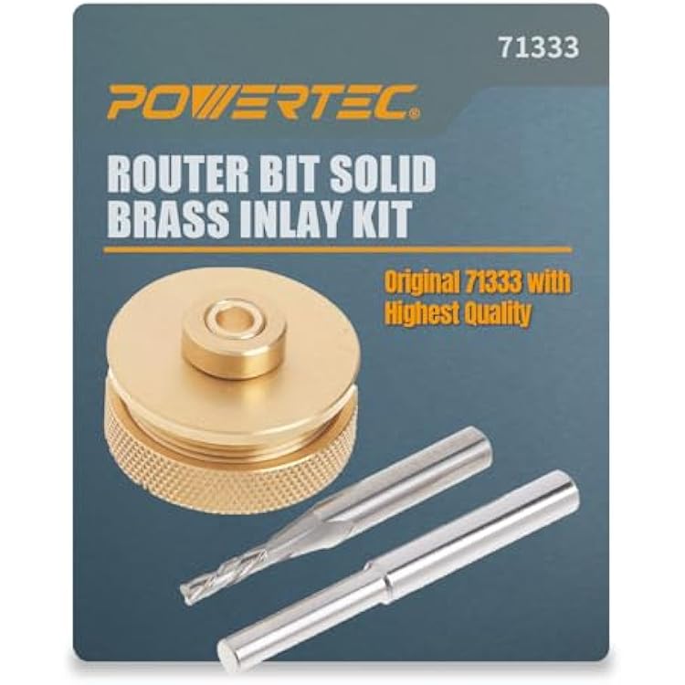 POWERTEC Router Brass Inlay Kit with Bushing Guide Set  Centering Pin, Collar & 18 Diameter x 14 Shank Solid Carbide Bit, Compatible w 14 Router Templates for Woodworking 71333