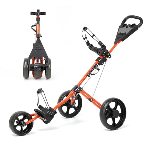 BODIOO Golf Push Cart, 3 Wheel Foldable Golf Cart with Adjustable Handle, Easy Transport & Storage, 360 Swivel Front Wheel, Foot Brake, Cup Holder, Large Wheelbase for All Terrain