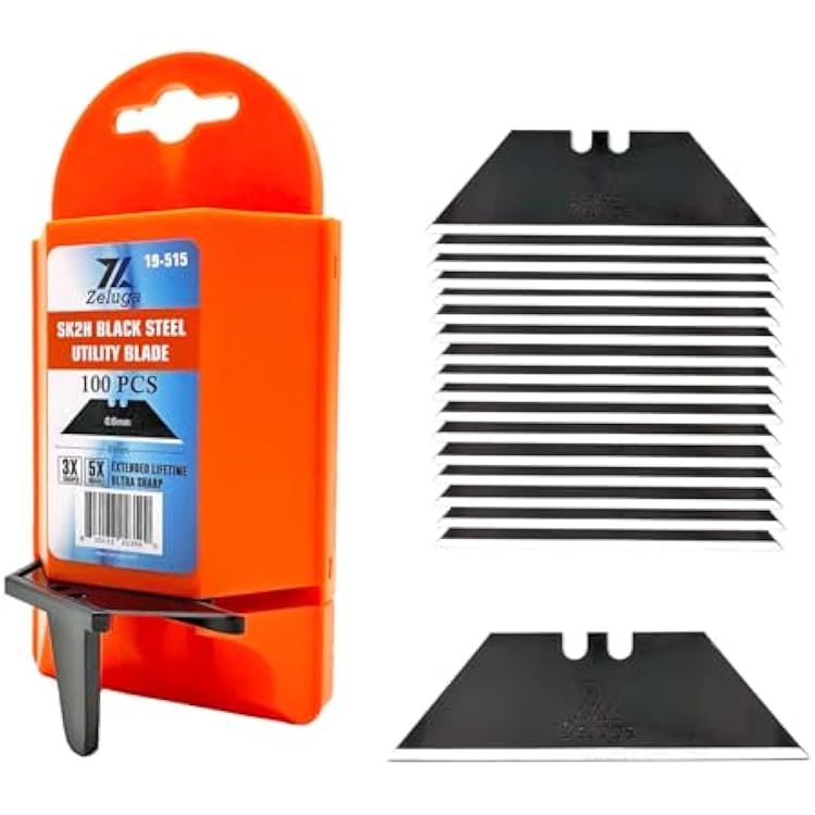 19-515 Utility Knife Blades With Dispenser, 100pcs, SK2H Laser Sharpened Hardened Black Carbon Steel, Razor Blades Refills