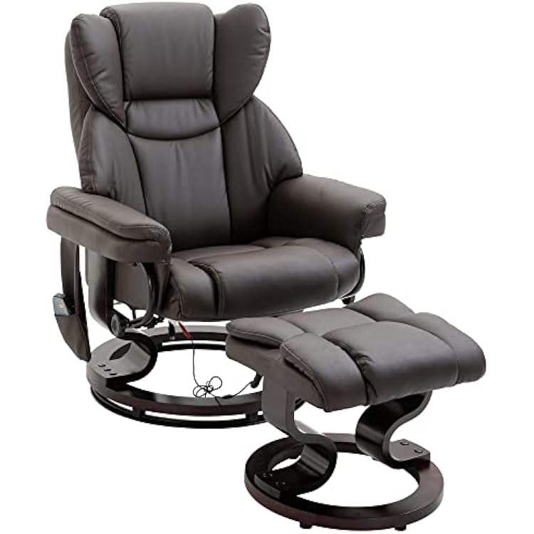 HOMCOM Massage Recliner Chair with Ottoman Footrest, 10 Vibration Points, 360 Swivel Reclining Chair, Faux Leather Living Room Chair with Side Pocket and Remote Control, Brown