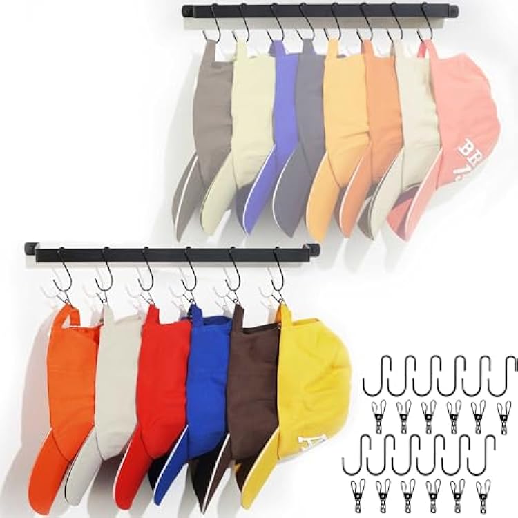 AQAREA Hat Rack Closet Storage Wall: 12 Adjustable Stainless Steel Clips and 17 Inch Hat Holder - Hat Hanger Display Space Saving - Tie Belt Hanger for Closet Storage Solution - 2 Pack