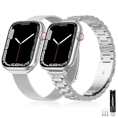 2 Pack Slim Stainless Steel Band & Milanese Mesh Strap Compatible with Apple Watch Band 38mm 40mm 41mm 42mms10, Thin Metal Replacement Bands for iWatch Series SE 10 9 8 7 6 5 4 3 2 1