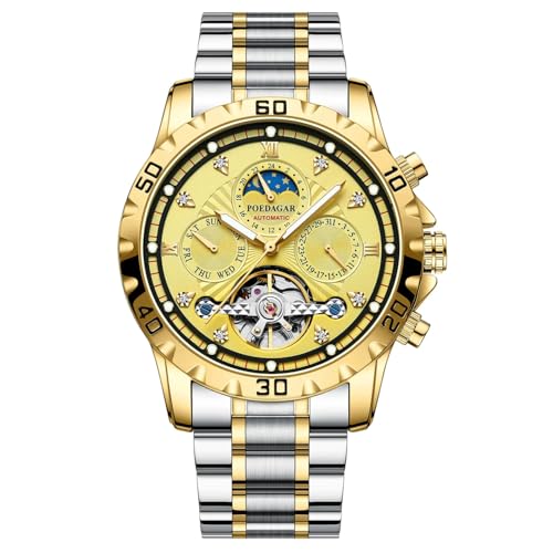 Luxury Automatic Mechanical Watch for Men Moon Phase Hollow Tourbillon Wristwatch Waterproof Luminous Date Week Calendar Display Stainless Steel Mens Watches