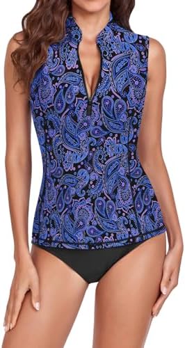 Women Rash Guard Tank Top Swim Shirts UV Sun Protection Surfing Swimsuits Top Zipper Bathing Suit Built in Bra No Bottoms