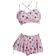 haikyuu Women Skeleton Swimsuit Goth Two Piece Swimsuit with Skirt Pink Halter Bikini Gothic Bathing Suit