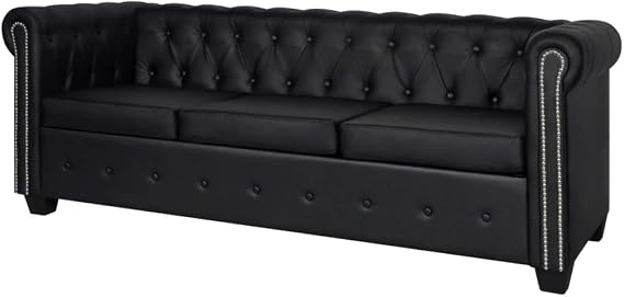 Black Artificial Leather Sofa, 3-Seater Chesterfield Style Couch for Living Room, Durable Lounge Furniture, Easy Assembly