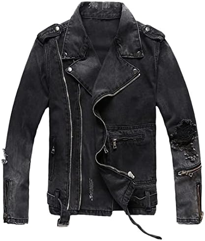 Mens Zippers Black Denim Jean Biker Jacket for Motorcycle Vintage Epaulet Holes Ripped Distressed Coat