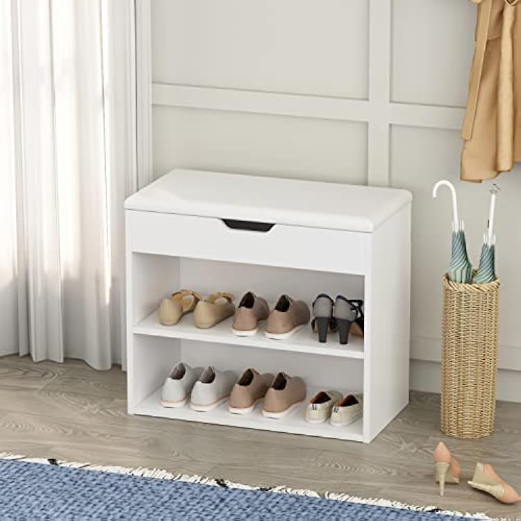 AIEGLE Storage Bench with Flip-up Door & 3 Compartments, Modern Entryway Bench with Padded Cushion, Wooden Shoe Bench Shoe Rack for Entryway, Bedroom, Hallway, White