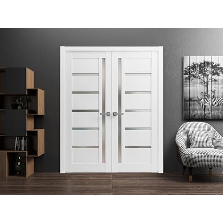SARTODOORS Quadro 4088 Interior Doors 48 x 80 in, White Frosted Glass Solid French Double Door, Solid MDF Core, Frame and Satin Nickel Hardware Included
