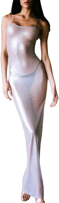 Sexy See Through Sheer Mesh Maxi Dress Sleeveless Lace Patchwork Long Dress Perspective Backless Bodycon Beach Wear