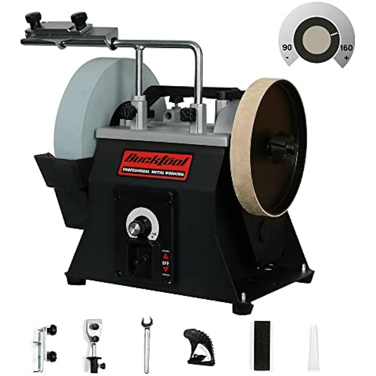 BUCKTOOL 10-Inch Variable Speed Wet Sharpening System, 1.2-Amp Two-Direction Water Cooled Wet Stone Grinder 90-160RPM, Wet Bench Grinder for Knife, Chisel, Knife, Axe, SCM8103