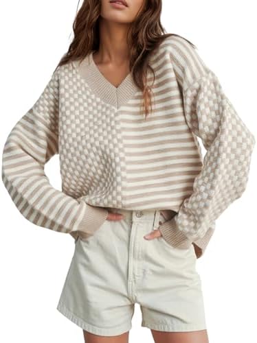 UNCLECAT Womens Striped Checkered Sweater 2025 V Neck Fall Sweaters Casual Knit Trendy Pullover Tops