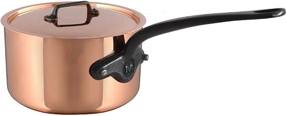 Mauviel M'Heritage M150CI 1.5mm Polished Copper & Stainless Steel Saucepan With Lid, And Cast Iron Handles, 1.3-qt, Made in France