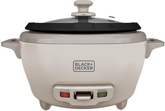 BLACK+DECKER 6-Cup Rice Cooker with Steaming Basket | 6-cup rice cooker with ceramic nonstick pot, automatic keep warm and steaming basket.