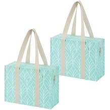 VENO 2 Pack Beach Tote Bag with Zipper, Water Resistance Reusable Grocery Shopping Bag, Heavy Duty Shoulder Handbag for Women Men (Green Leaves, 2 Pack)