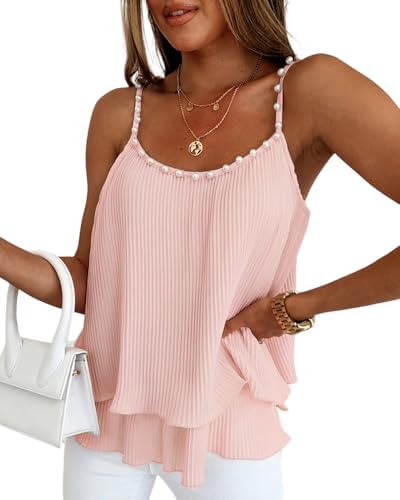 CHICME Womens Summer Tank Tops Flowy Double Layers Chiffon Blouse Casual Beaded Loose Camisole Shirts
