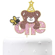 Maicaiffe Cute Bear One Cake Topper, Baby One Month Birthday - Baby Shower - One Year Old 1st Birthday Party Cake Decorations Pink Glitter