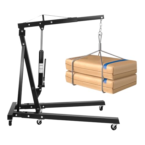 2 Ton Folding Engine Hoist Crane - Heavy Duty Carbon Steel, Hydraulic Powered, Adjustable Height, 6 Wheels for Car Repairs and Lifting Black