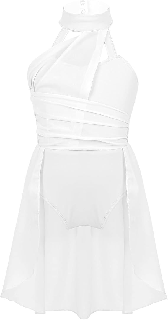 Girls Kids Halter Neck Caged Back Ballet Lyrical Dance Dress Performance Costume Leotard Tutu Skirt