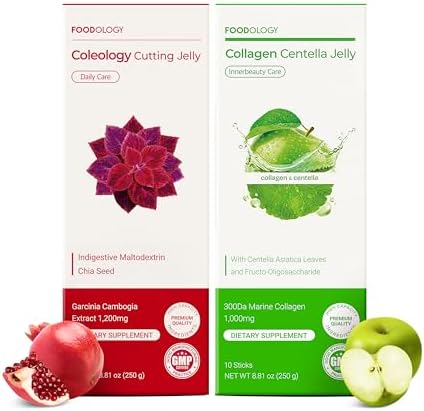 FOODOLOGY Stick Jelly Duo: Cutting & Collagen Jelly Set, Dietary Fiber Supplement Set for Weight Management and Skin Hydration, Collagen, Centella Asiatica, Garcinia Cambogia