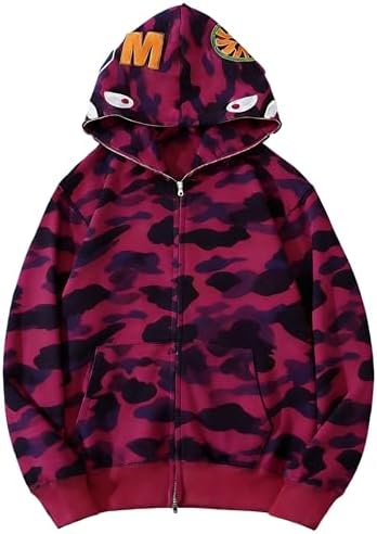 Unisex Camouflage Hoodie with Shark Embroidery, Full Zip, Lightweight Couple sweatshirts heavyweight hoodie (US, Alpha, 3X-Large, Regular, Regular, Purple)