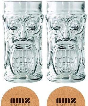 AMZ Empire Screaming Tiki Glasses 16 oz Cooler Glass, 2 Pieces, Modern Bar Party Set With Picks
