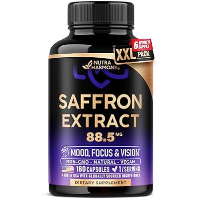 Natural Saffron Supplements - Pure Saffron Extract 88.5 mg - Mood | Focus | Vision | Energy Support - Eye Health for Women & Men - Lab Tested - NonGMO Vegan Pills - 180 Powder Capsules, 6 Month Supply