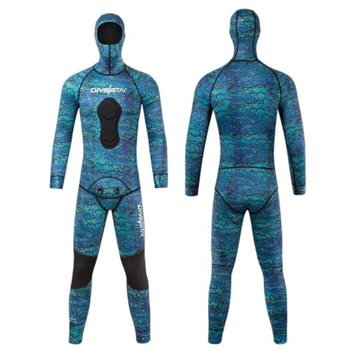 Blue Camo Spearfishing Wetsuits for Men Women, 3mm Neoprene TopPants Two Pieces Set Hooded Super Stretch Diving Suit