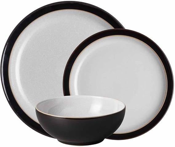 Denby Elements Black Dinnerware Set - 4/12 Piece Ceramic Tableware - Dishwasher & Microwave Safe - 4 Dinner Plates, 4 Medium Plates, 4 Cereal Bowls